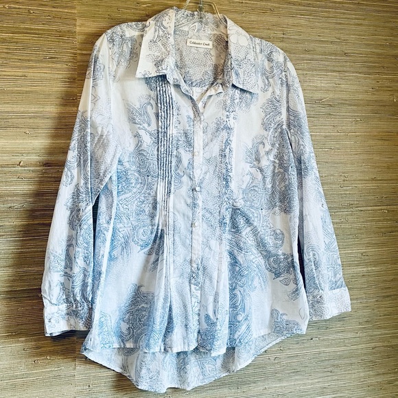 COLDWATER CREEK Blue & White Casual Blouse, Pin-tucks, Button-Down, M - Picture 5 of 15